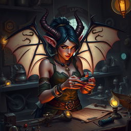 A female tiefling artificer, featuring characteristic tiefling horns and vibrant skin color, in the midst of a workshop filled with steampunk gadgets and magical artifacts