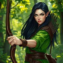 A female half-elf druid with pale skin, long flowing black hair, and striking green eyes