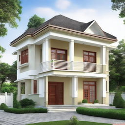 A beautiful two-story Assam design house with a sheet on the first floor and a balcony area.