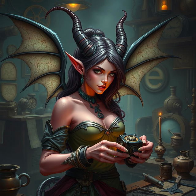 A female tiefling artificer, featuring characteristic tiefling horns and vibrant skin color, in the midst of a workshop filled with steampunk gadgets and magical artifacts