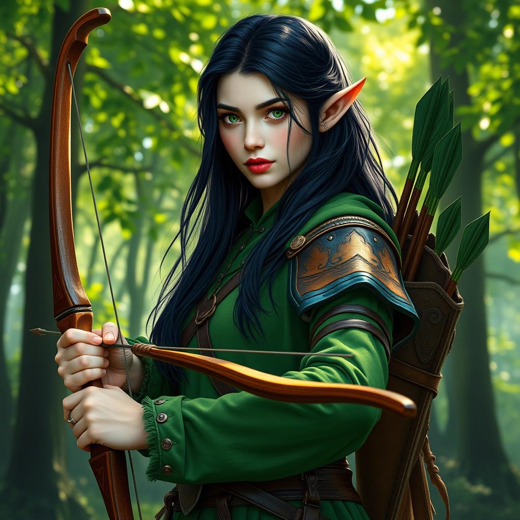 A female half-elf druid with pale skin, long flowing black hair, and striking green eyes