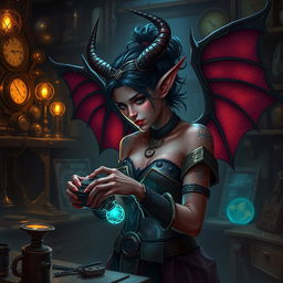 A female tiefling artificer, featuring characteristic tiefling horns and vibrant skin color, in the midst of a workshop filled with steampunk gadgets and magical artifacts