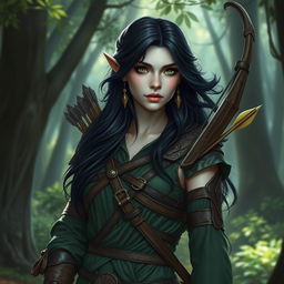 A female half-elf druid with pale skin, flowing black hair, and striking green eyes