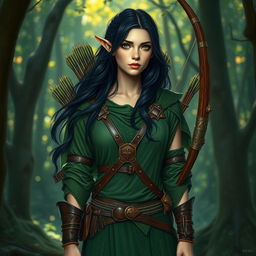 A female half-elf druid with pale skin, flowing black hair, and striking green eyes