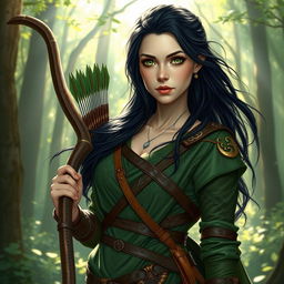 A female half-elf druid with pale skin, flowing black hair, and striking green eyes