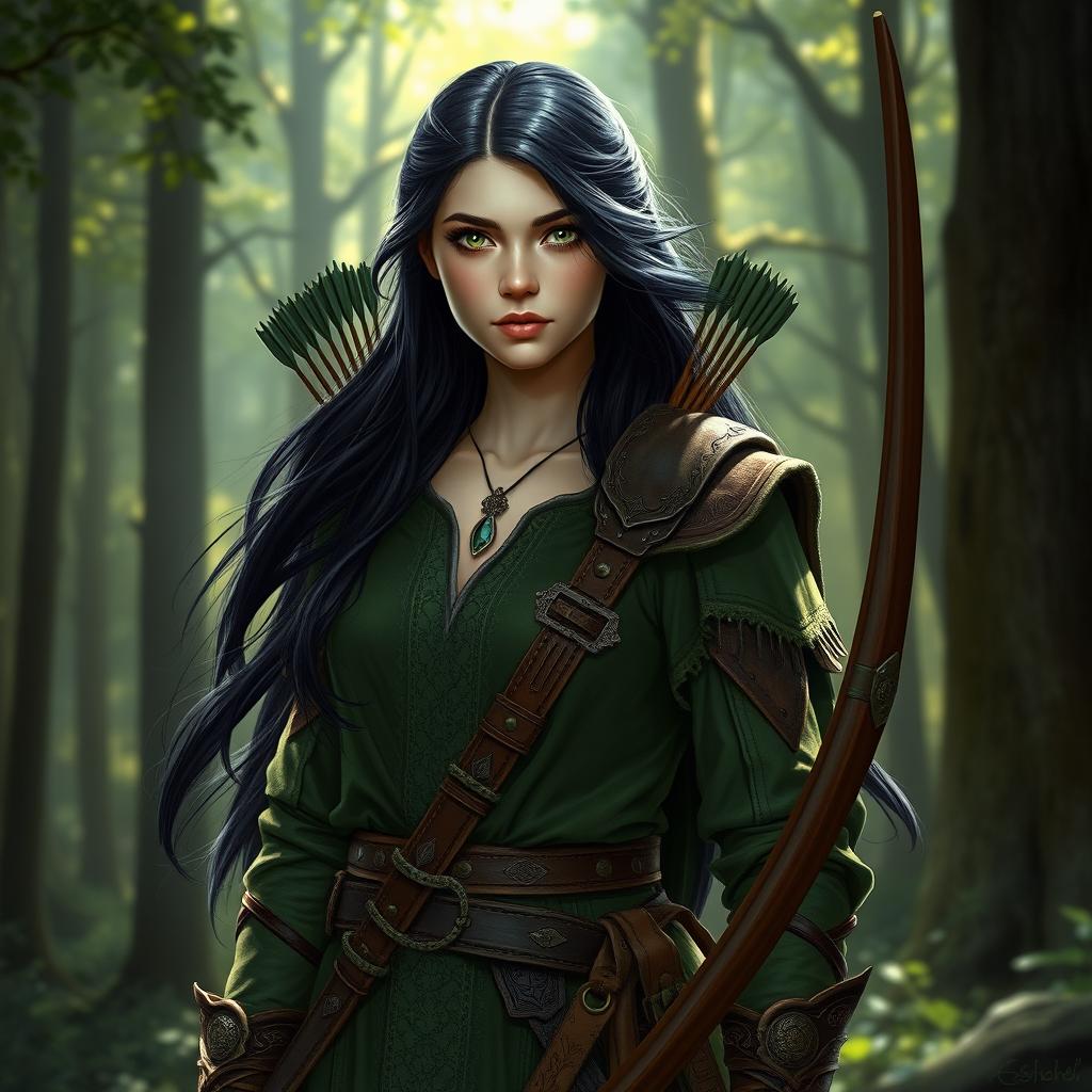 A female half-elf druid with pale skin, flowing black hair, and striking green eyes