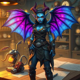 A female tiefling artificer standing confidently in a steampunk workshop, surrounded by intricate gadgets and glowing inventions