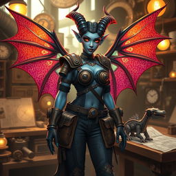 A female tiefling artificer standing confidently in a steampunk workshop, surrounded by intricate gadgets and glowing inventions
