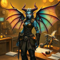 A female tiefling artificer standing confidently in a steampunk workshop, surrounded by intricate gadgets and glowing inventions