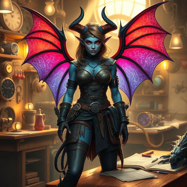 A female tiefling artificer standing confidently in a steampunk workshop, surrounded by intricate gadgets and glowing inventions