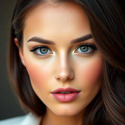 A close-up portrait of a stylish woman with a slim nose, showcasing her eloquent features and elegant makeup