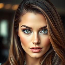 A close-up portrait of a stylish woman with a slim nose, showcasing her eloquent features and elegant makeup