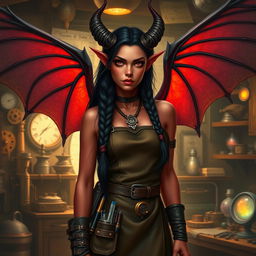 A female tiefling artificer, with striking red skin, long flowing black hair adorned with intricate braids