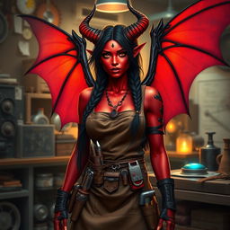 A female tiefling artificer, with striking red skin, long flowing black hair adorned with intricate braids