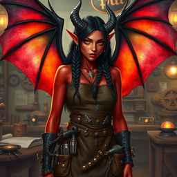 A female tiefling artificer, with striking red skin, long flowing black hair adorned with intricate braids