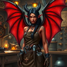 A female tiefling artificer, with striking red skin, long flowing black hair adorned with intricate braids