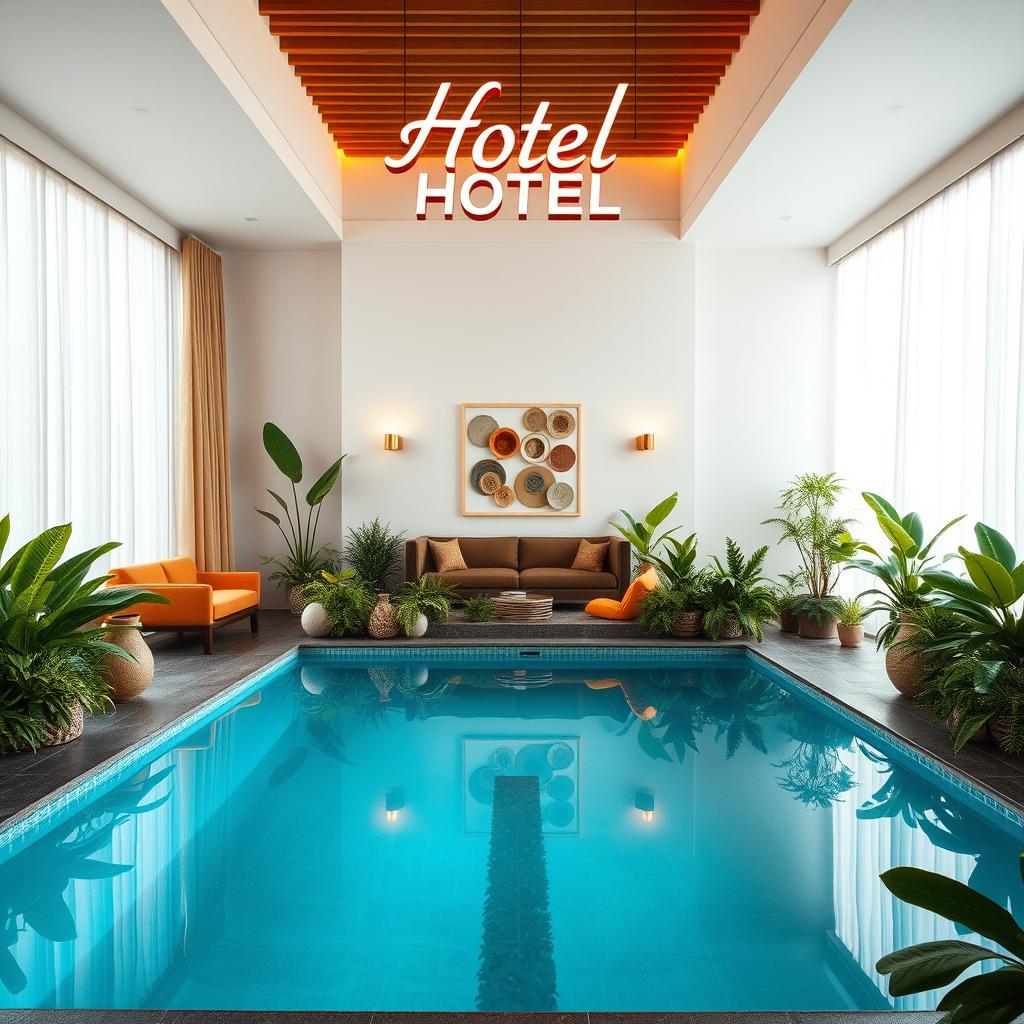 A creatively designed hotel room featuring a breathtaking indoor swimming pool situated in the center