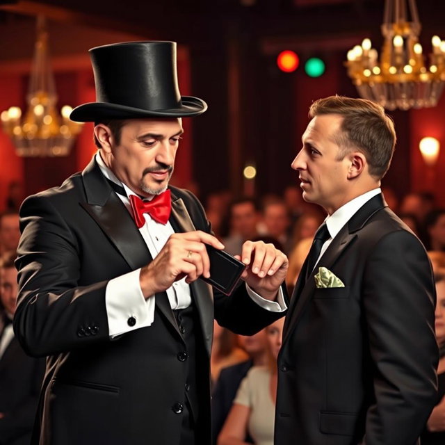 A skilled magician performing an impressive sleight of hand trick on a captivated audience member