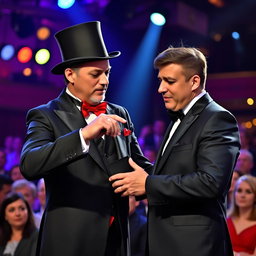 A skilled magician performing an impressive sleight of hand trick on a captivated audience member