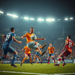 An intense football match in action, showcasing a vibrant stadium filled with passionate fans