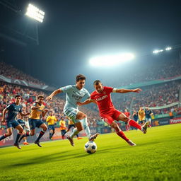 An intense football match in action, showcasing a vibrant stadium filled with passionate fans