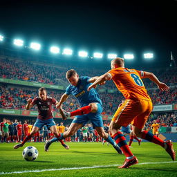 An intense football match in action, showcasing a vibrant stadium filled with passionate fans
