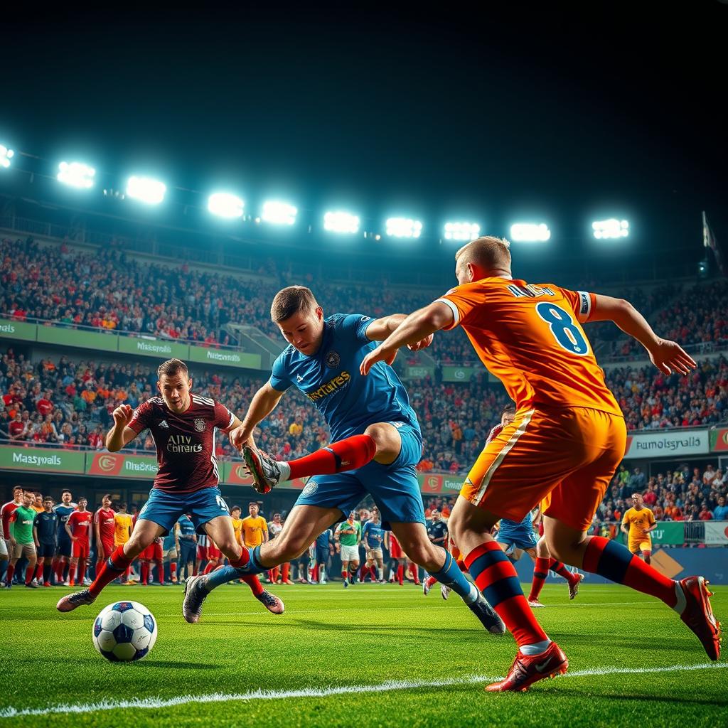 An intense football match in action, showcasing a vibrant stadium filled with passionate fans