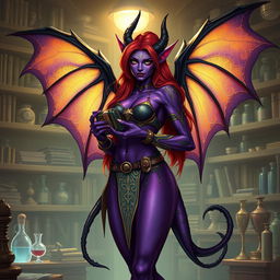 A female tiefling artificer with vibrant, glowing purple skin and intricate golden markings, standing confidently in her workshop filled with gadgets and mystical artifacts