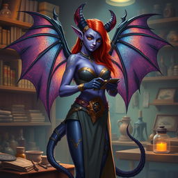 A female tiefling artificer with vibrant, glowing purple skin and intricate golden markings, standing confidently in her workshop filled with gadgets and mystical artifacts
