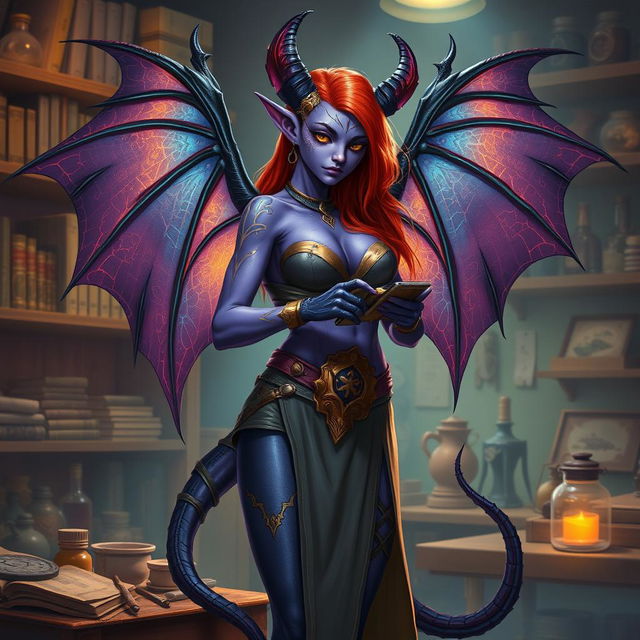 A female tiefling artificer with vibrant, glowing purple skin and intricate golden markings, standing confidently in her workshop filled with gadgets and mystical artifacts