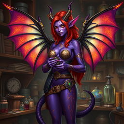 A female tiefling artificer with vibrant, glowing purple skin and intricate golden markings, standing confidently in her workshop filled with gadgets and mystical artifacts