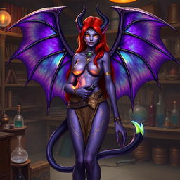 A female tiefling artificer with vibrant, glowing purple skin and intricate golden markings, standing confidently in her workshop filled with gadgets and mystical artifacts