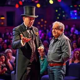 A cunning magician expertly utilizing misdirection to steal from an unsuspecting audience member during a live performance