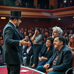 A cunning magician expertly utilizing misdirection to steal from an unsuspecting audience member during a live performance