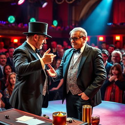 A cunning magician expertly utilizing misdirection to steal from an unsuspecting audience member during a live performance