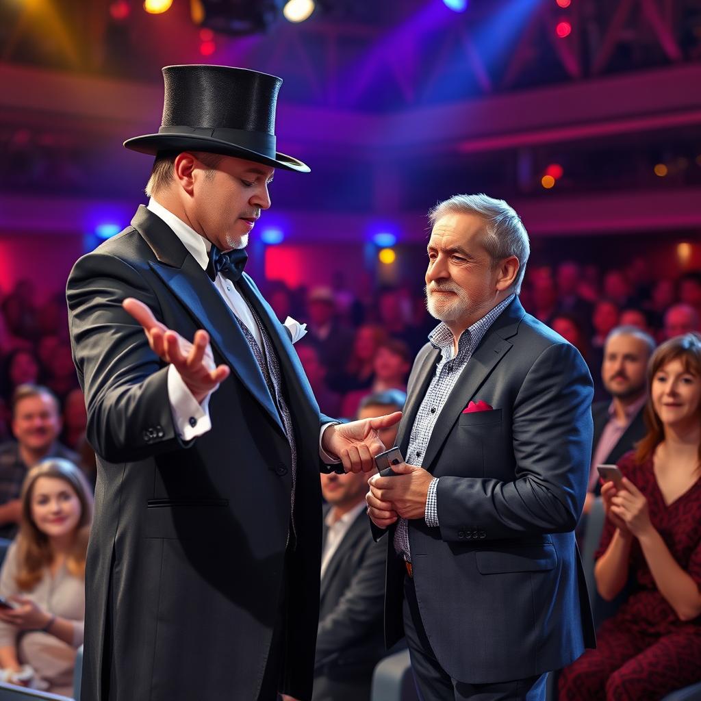 A cunning magician expertly utilizing misdirection to steal from an unsuspecting audience member during a live performance