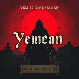 A chilling book cover design for a Yemeni horror novel, featuring a dark, mysterious landscape with traditional Yemeni architecture silhouetted against a blood-red sky