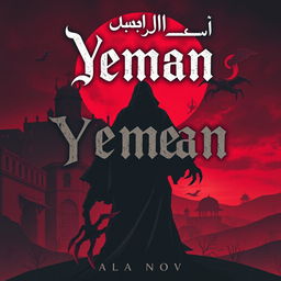 A chilling book cover design for a Yemeni horror novel, featuring a dark, mysterious landscape with traditional Yemeni architecture silhouetted against a blood-red sky