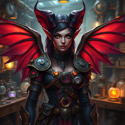 A female tiefling artificer with striking features, showcasing large, elegant wings that are detailed and beautifully feathered