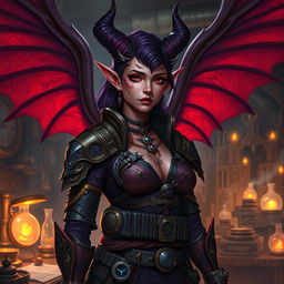 A female tiefling artificer with striking features, showcasing large, elegant wings that are detailed and beautifully feathered