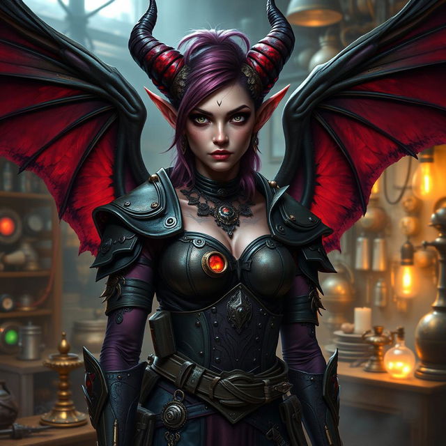 A female tiefling artificer with striking features, showcasing large, elegant wings that are detailed and beautifully feathered