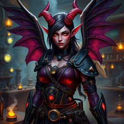A female tiefling artificer with striking features, showcasing large, elegant wings that are detailed and beautifully feathered