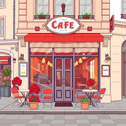 A vibrant and captivating illustration for a rectangular event booth, inspired by a Parisian café with a London twist
