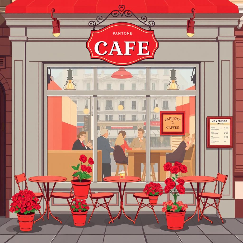 A vibrant and captivating illustration for a rectangular event booth, inspired by a Parisian café with a London twist