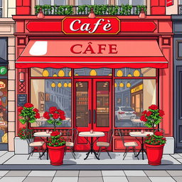 A vibrant and captivating illustration for a rectangular event booth, inspired by a Parisian café with a London twist