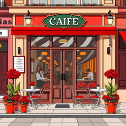 A vibrant and captivating illustration for a rectangular event booth, inspired by a Parisian café with a London twist