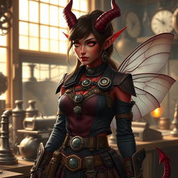 A female tiefling artificer character, featuring distinctive horns and pointed tail