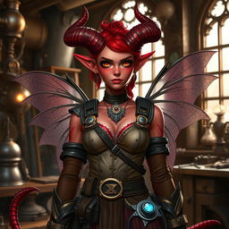 A female tiefling artificer character, featuring distinctive horns and pointed tail