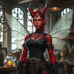 A female tiefling artificer character, featuring distinctive horns and pointed tail