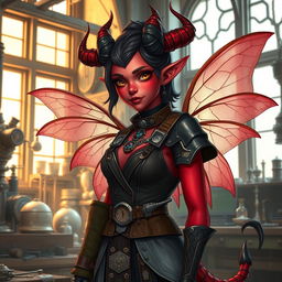 A female tiefling artificer character, featuring distinctive horns and pointed tail
